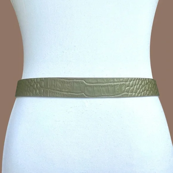FRAME Square Buckle Olive Green Croc Embossed Skinny Leather Belt Size M - Picture 4 of 13
